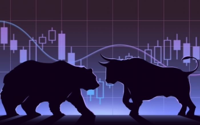 Silhouettes of a bear and a bull in front of some modern-looking charts
