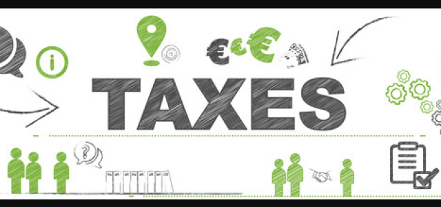 A graphic with the word "Taxes" in bold letters and several smaller icons around it. The icons are mainly people and finance-related.