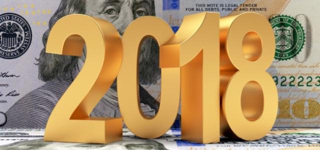 Large gold "2018" on a graphic of a hundred dollar bill